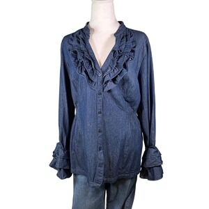 Denim 24/7 Women's Blue Denim Ruffle Front Long Sleeve Shirt Size 18W